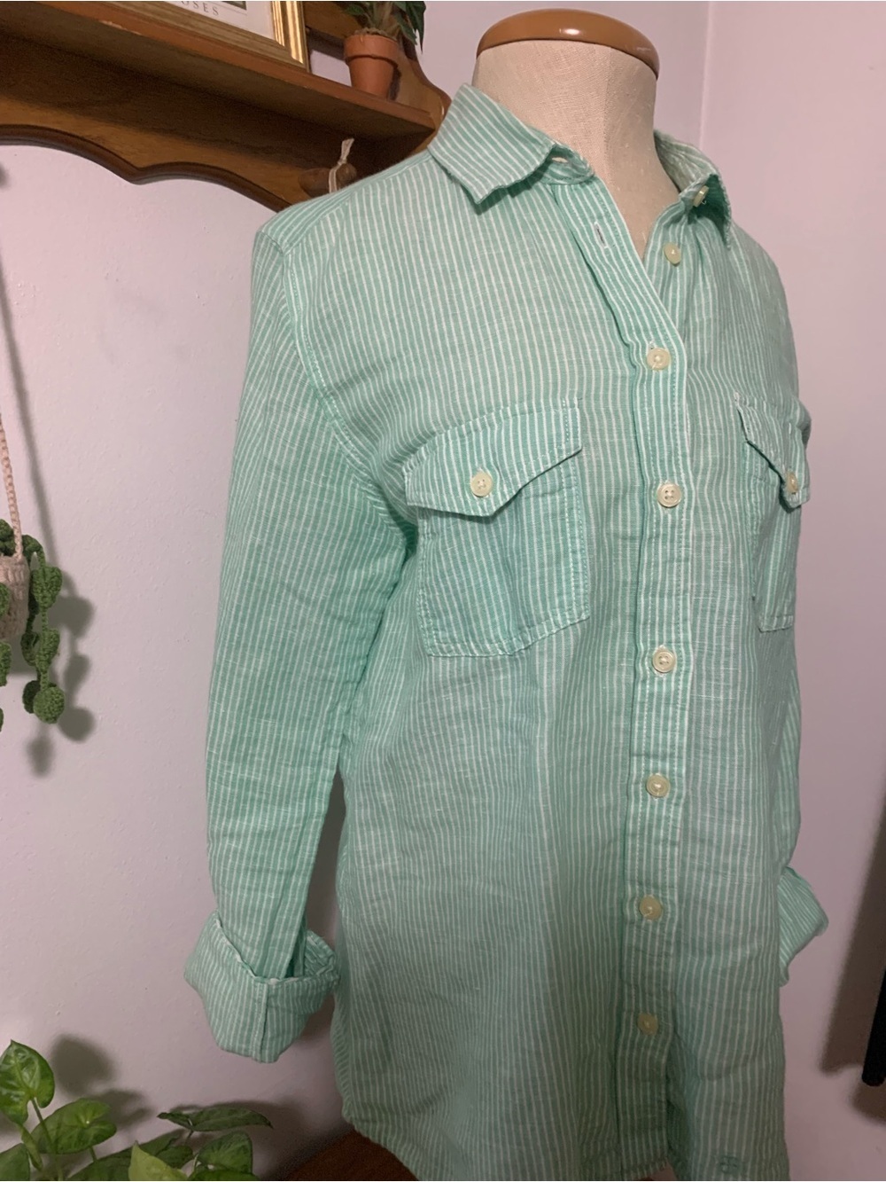 Banana Republic Soft Wash Linen Cotton Mint Green and White Pinstripe Shirt M - Picture 7 of 16